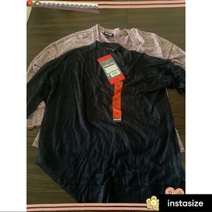 2 Long sleeve shirts. Purple Stripes and the other is a dark blue .